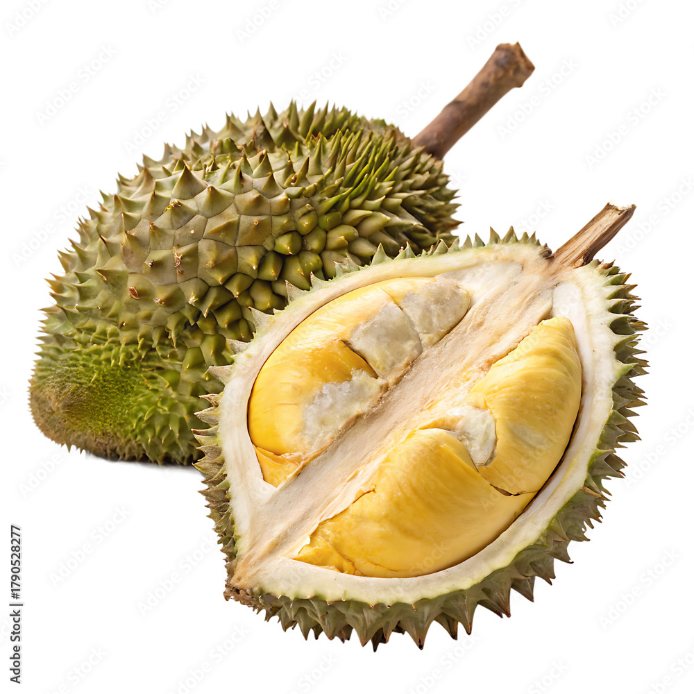 Fototapeta premium A whole durian fruit isolated on a transparent background 