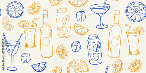 Hand drawn seamless pattern of citrus fruits drinks and ice cubes in blue and yellow colors