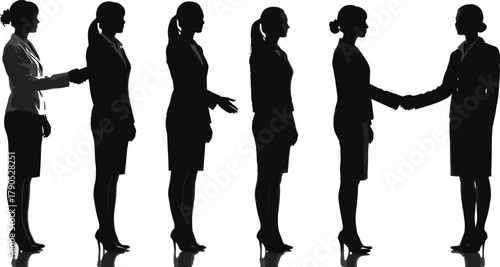 Businesswoman handshake silhouette sequence, professional greeting stages, corporate agreement concept, teamwork, partnership, success, unity, deal, trust