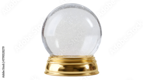 Empty glass snow globe with golden base isolated on white background