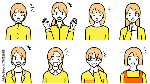 驚いている顔の若い女性のイラストセット