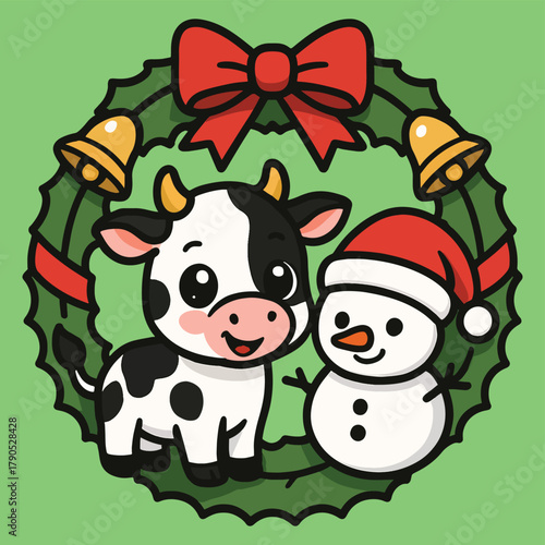 Cute cartoon baby cow and snowman celebrating christmas in a festive holly wreath illustration for holiday season