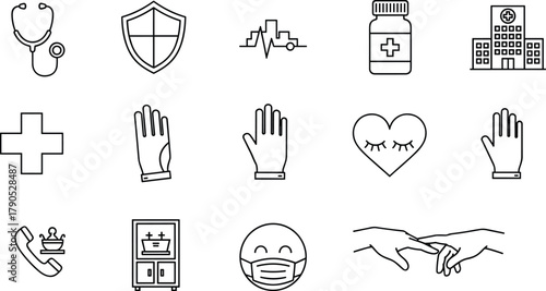 Healthcare, medical, hospital, stethoscope, cross, shield, heartbeat, medicine, bottle, glove, mask, support, care, compassion, hotline, supplies, cabinet, facility, hygiene, protection