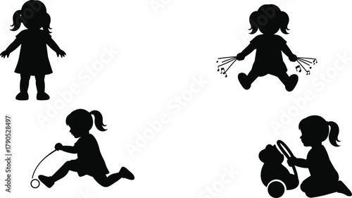 Child silhouette playing, running, sitting, music, toys, teddy bear, hoop, childhood activities, playful moments, innocence, fun, joy, imagination, learning, growth, development