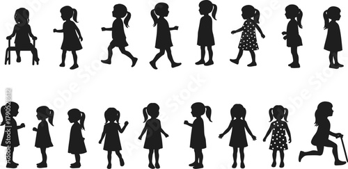 Child silhouette, girl poses, walking, sitting, standing, scooter ride, playful movement, posture study, childhood activity, rear view, profile view, gesture motion, polka dot dress, plain dress