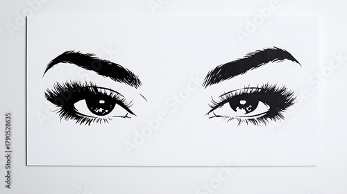 two eyes with thick eyebrows and eyelashes.
