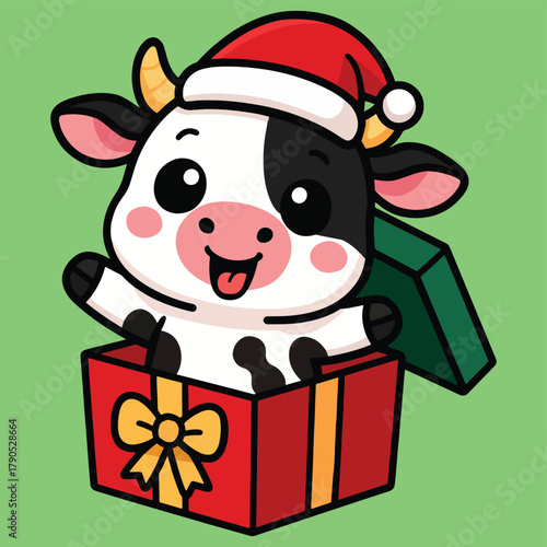 Adorable cartoon calf wearing a festive santa hat cheerfully peeking out from a vibrant red christmas gift box