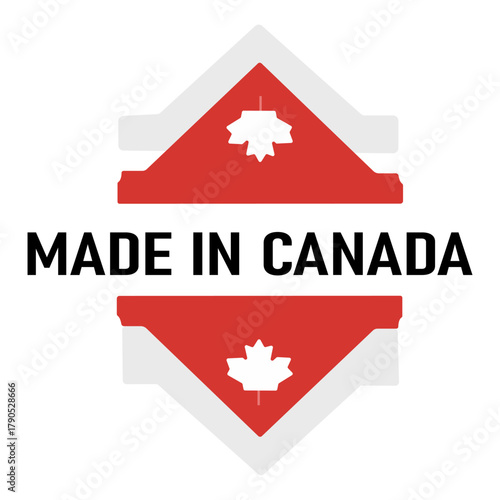 Made in Canada Product Label Red and White Canadian Icon Maple Leaf Symbol Quality Guarantee and Origin Branding