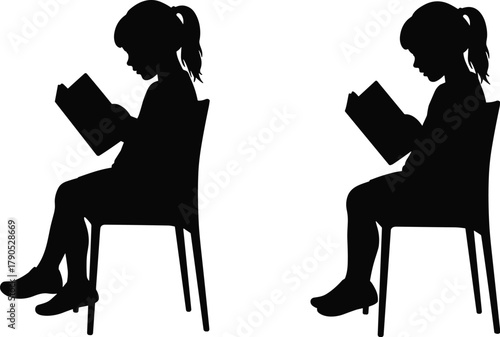 Child silhouette, reading book, sitting chair, ponytail girl, education concept, mirrored posture, learning focus, black shape, isolated background, childhood study, symmetry desig