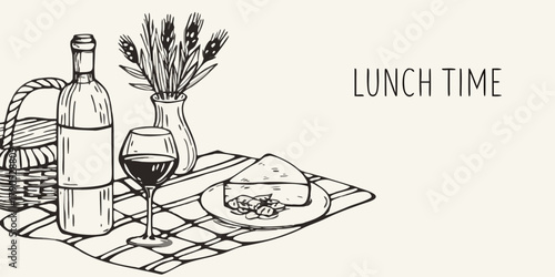 Hand drawn sketch of a picnic lunch with wine cheese and bread on a checkered cloth with wheat in a vase
