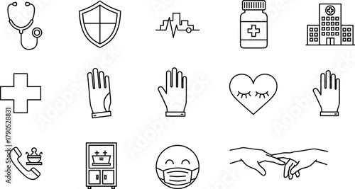 Healthcare, medical, hospital, stethoscope, shield, cross, heartbeat, medicine, bottle, glove, mask, support, care, hotline, supplies, hygiene, compassion, facility, protection