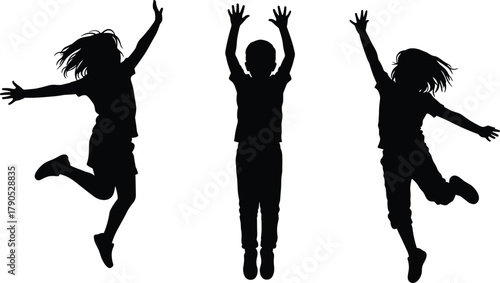Children jumping silhouettes, joyful energy, playful freedom, sunset background, active kids, happiness, motion, carefree childhood, outdoor fun, vibrant moment