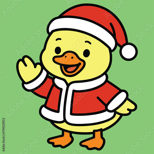 Cute cartoon yellow duckling wearing a festive red santa hat and matching coat, cheerfully waving hello.