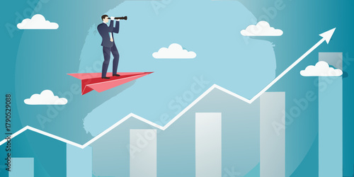 Businessman on a red paper airplane searching with a telescope over a rising stock market graph and clouds