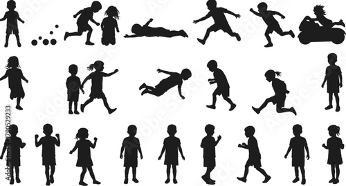 Children silhouette, kids playing, active movement, joyful energy, childhood fun, dynamic poses, outdoor activity, black figures, motion freeze, energetic youth, playful interaction, jumping kids