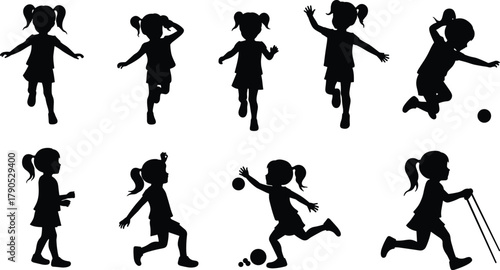 Children silhouettes playing, running, walking, jumping, active kids vector illustration, childhood motion, fun activities, outdoor movement, happy lifestyle