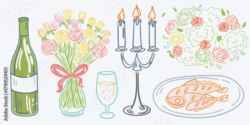 A romantic dinner setting with wine flowers candles champagne and a seafood dish