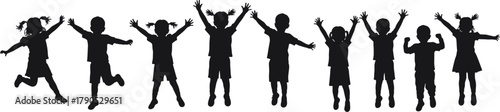 Children, jumping, silhouette, joy, playful, freedom, happiness, teamwork, energy, motion, fun, childhood, group, active, outdoors, celebration, unity, excitement