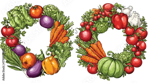 Vibrant Fruit and Vegetable Wreath: Fresh and Ripe Produce Display