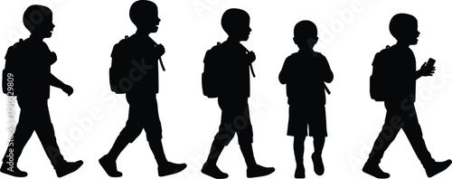 Children, walking, backpacks, silhouette, school, motion, smartphone, education, routine, youth, modern, lifestyle, students, journey, childhood, posture, black, white