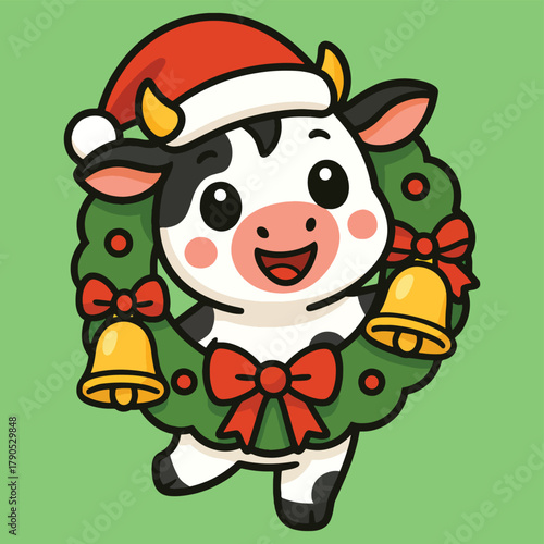A cute cartoon baby cow wearing a santa hat and holding a festive christmas wreath with golden bells and bows.