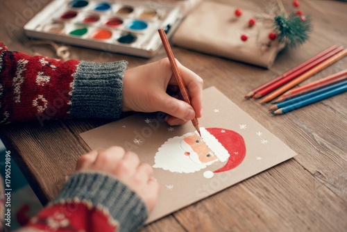 Hands creating a festive Santa Claus illustration on craft paper with colored pencils and watercolors, showcasing artistic expression and holiday spirit