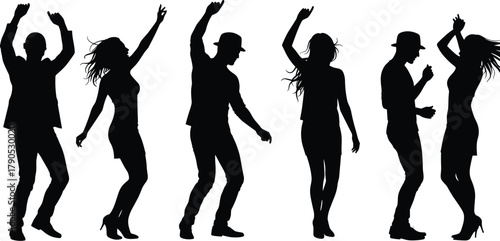 Dancing silhouettes, energetic movement, party vibe, joyful people, black figures, celebration, music rhythm, festive pose, expressive dance art