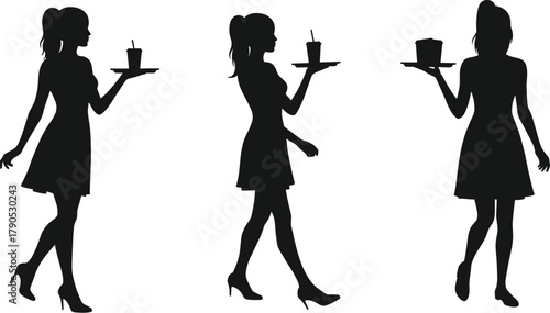 Elegant waitress silhouettes, serving drinks, black dress, high heels, tray pose, hospitality concept, stylish service, minimal design