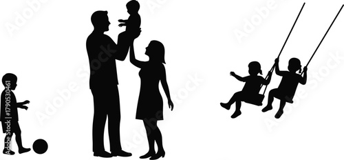 Family, park, playground, silhouette, togetherness, bonding, parenting, children, swings, baby, outdoor, happiness, lifestyle, weekend, leisure, motion, love, carefree