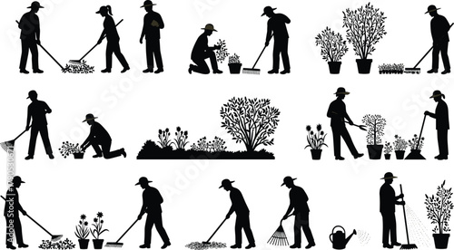 Gardening silhouette illustration, people planting, watering, raking, hoeing, outdoor work, horticulture tools, backyard care, seasonal activity, nature