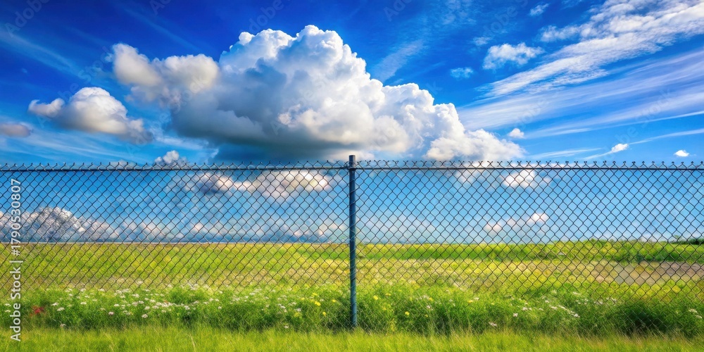Fototapeta premium Chain link fence against a vibrant summer sky with fluffy clouds and a meadow beyond