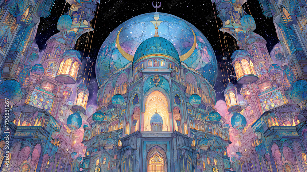 Obraz premium Whimsical Mosque Illustration with Pastel Colors and Intricate Details.