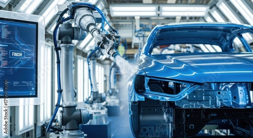 Automated robotic arm spraying blue car body on modern assembly line, for manufacturing, industrial production, automotive technology, advanced automation processes