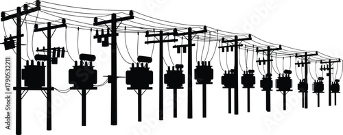 Silhouette vector illustration of utility poles with transformers—power distribution infrastructure, voltage system, energy grid, electrical layout, urban network design