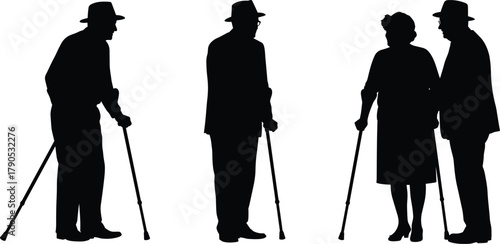 Elderly silhouettes with canes, aging support concept, senior mobility, healthcare awareness, old age, vintage lifestyle, unity