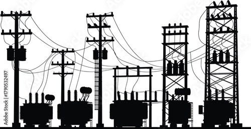 Silhouette vector illustration of electrical transformers and utility poles—power distribution infrastructure, voltage system, energy grid, substation layout, industrial network
