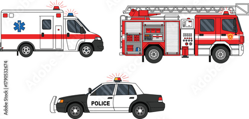 Emergency response vehicles vector illustration with ambulance, fire truck, police car, public safety transport icons, rescue and law enforcement design