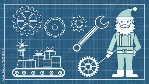 Blueprint style santa claus with gears, presents, conveyor belt and wrench on a grid background design