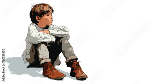 Young Poor Boy White Background Vector Illustration