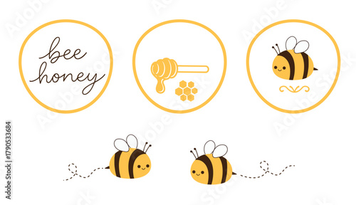 Cute bee honey label vector set, round badges with honey dipper, hexagon cells, and smiling bees with flight trails, yellow and black kawaii illustration for packaging and stickers.