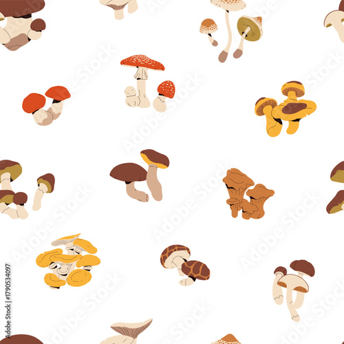 Endless background of edible and inedible boletus. Repeatable pattern of wild fly agaric, birch bolete, shiitake, chanterelle, parasol mushroom, forest fungus. Flat seamless vector illustration.