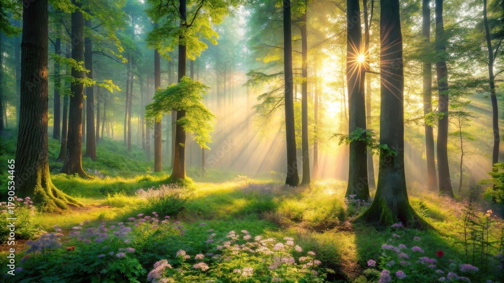 Obraz premium Sunbeams Illuminate Serene Woodland Path, Bathed in Golden Light and Blooming Flora