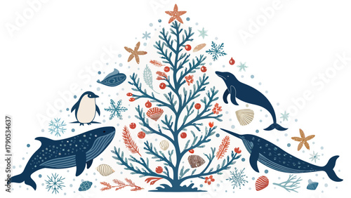 A festive christmas tree decorated with marine animals and sea shells on a white background design element