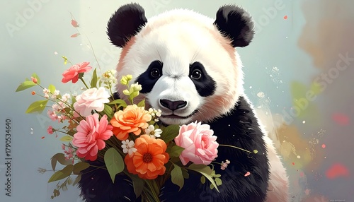 Cute panda holding a bouquet of pink and orange flowers, painted in a soft, artistic style