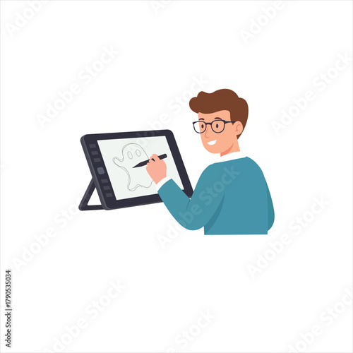 Digital Artist Drawing Ghost Illustration on Graphic Tablet