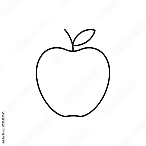 Simple outline drawing of an apple with a leaf on transparent background silhouette