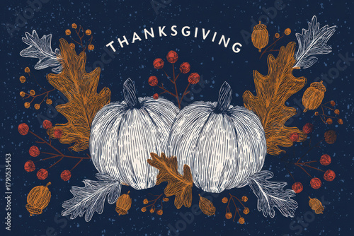 Thanksgiving celebration card mockup featuring white pumpkins, autumn leaves, and berries, designed for holiday invitations with copy space for personalized messages