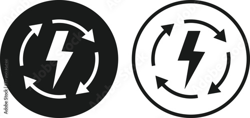 Lightning Bolt icon with Circle Arrow Icon Set. Digital Power Loop and Electric Renewal symbols. Fast Reload and Quick Charge sign