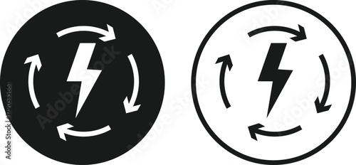 Lightning Bolt icon with Circle Arrow Icon Set. Digital Power Loop and Electric Renewal symbols. Fast Reload and Quick Charge sign