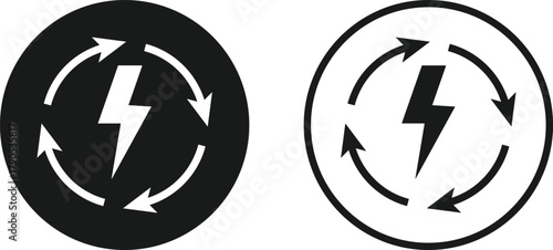 Lightning Bolt icon with Circle Arrow Icon Set. Digital Power Loop and Electric Renewal symbols. Fast Reload and Quick Charge sign